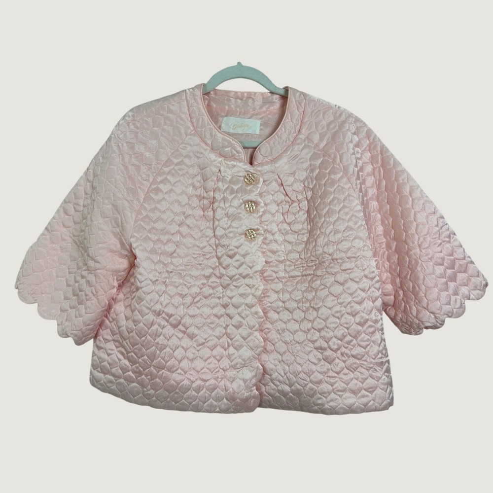 Vintage Barbizon Pink Quilted Bed Jacket Robe 3/4 Sleeve Satin Loungewear Bridal